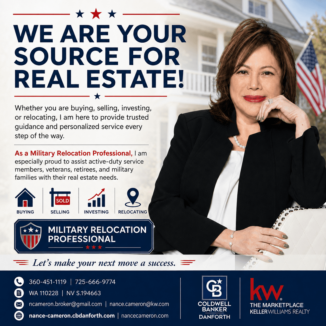 Nance Cameron real estate brand card, with contact and licensing details